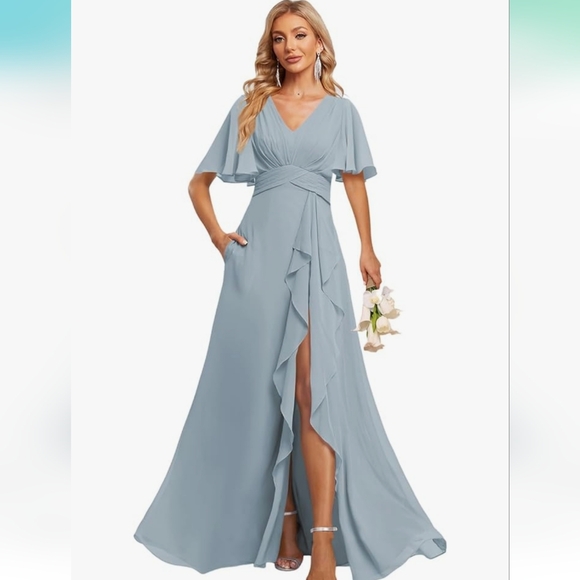 NWOT Deamify dusty blue flutter sleeve bridesmaid dress - Picture 3 of 7